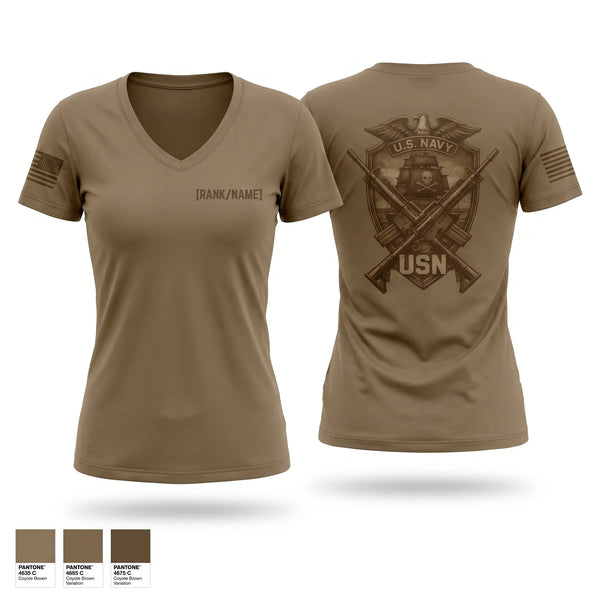 Womens Short Sleeve Vneck Shirt, NTTC Lackland Weps Unit, Navy, Teamtime, Team time, sublimation, custom sports apparel, team uniforms, spirit wear, spiritwear, sports uniforms, custom shirts, team store, custom team store, fundraiser sports, apparel fundraiser