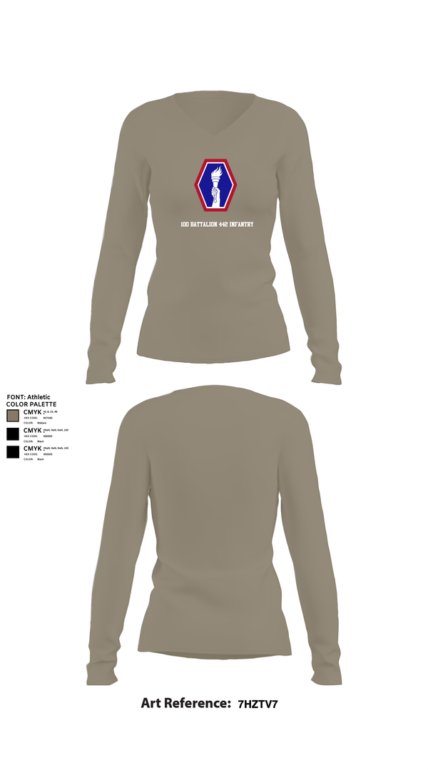 Womens Long Sleeve Vneck Shirt, 100 Battalion 442 Infantry, Army, Teamtime, Team time, sublimation, custom sports apparel, team uniforms, spirit wear, spiritwear, sports uniforms, custom shirts, team store, custom team store, fundraiser sports, apparel fundraiser