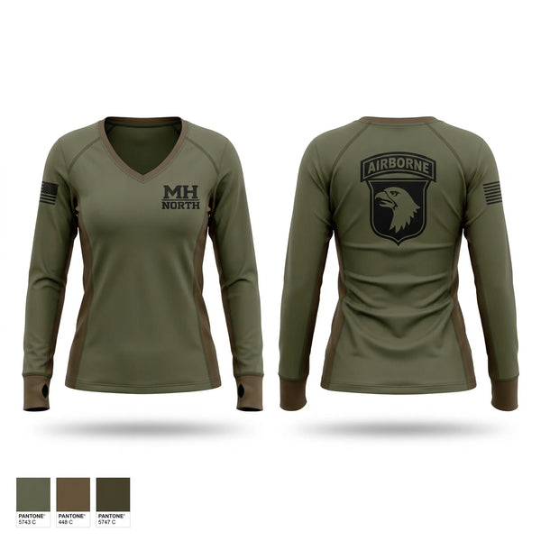 Womens Long Sleeve Vneck Shirt, MH North, Army, Teamtime, Team time, sublimation, custom sports apparel, team uniforms, spirit wear, spiritwear, sports uniforms, custom shirts, team store, custom team store, fundraiser sports, apparel fundraiser