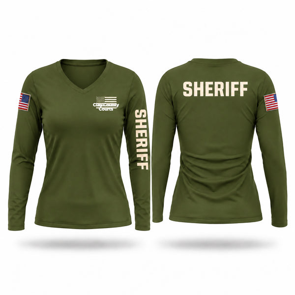 Womens Long Sleeve Vneck Shirt, Clay County Courts, Police, Teamtime, Team time, sublimation, custom sports apparel, team uniforms, spirit wear, spiritwear, sports uniforms, custom shirts, team store, custom team store, fundraiser sports, apparel fundraiser