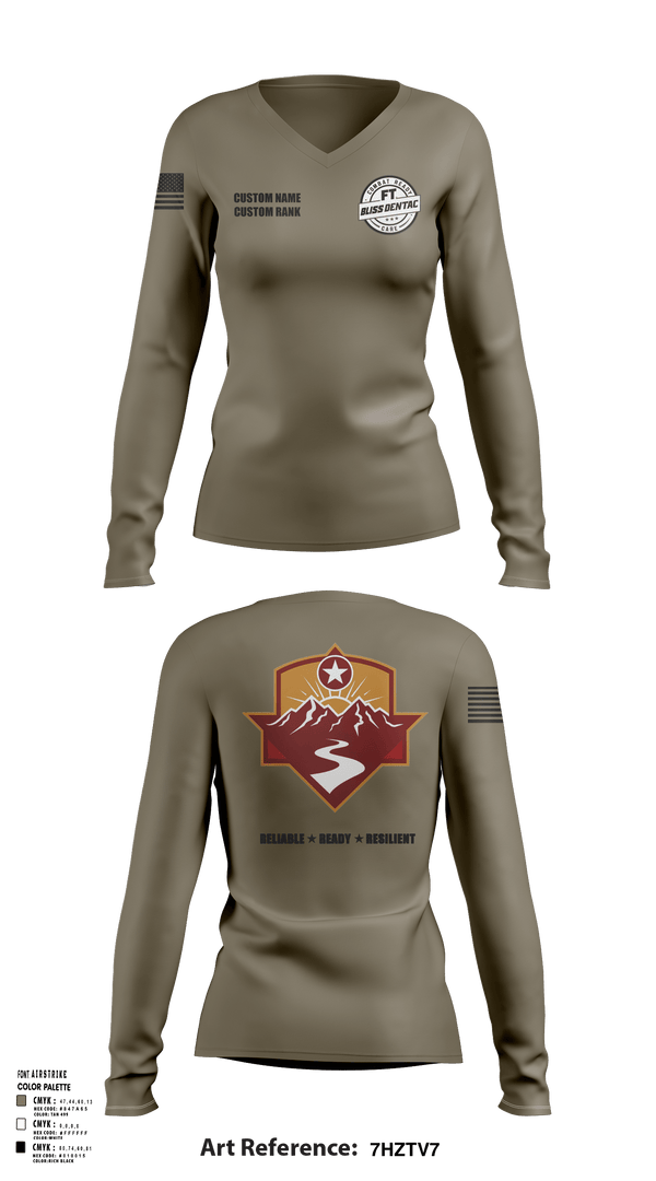 Women's Long Sleeve Vneck Shirt, Fort Bliss DENTAC, Army, Teamtime, Team time, sublimation, custom sports apparel, team uniforms, spirit wear, spiritwear, sports uniforms, custom shirts, team store, custom team store, fundraiser sports, apparel fundraiser