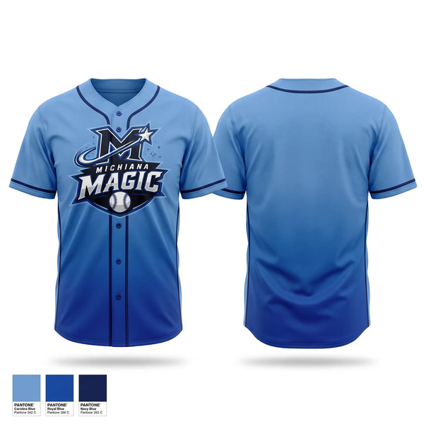 Full Button Baseball Jersey, Michiana Magic, Baseball, Teamtime, Team time, sublimation, custom sports apparel, team uniforms, spirit wear, spiritwear, sports uniforms, custom shirts, team store, custom team store, fundraiser sports, apparel fundraiser