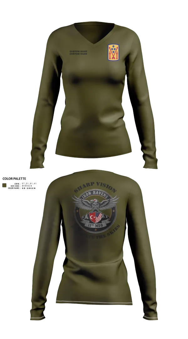 Womens Long Sleeve Vneck Shirt, 11th MDB, Army, Teamtime, Team time, sublimation, custom sports apparel, team uniforms, spirit wear, spiritwear, sports uniforms, custom shirts, team store, custom team store, fundraiser sports, apparel fundraiser