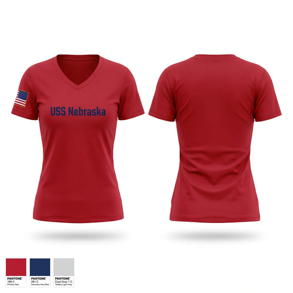 Womens Short Sleeve Vneck Shirt, USS Nebraska, Navy, Teamtime, Team time, sublimation, custom sports apparel, team uniforms, spirit wear, spiritwear, sports uniforms, custom shirts, team store, custom team store, fundraiser sports, apparel fundraiser