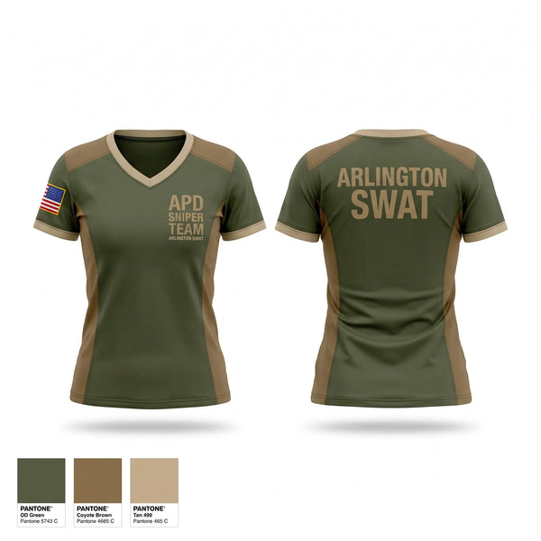 Womens Short Sleeve Vneck Shirt, APD Sniper Team, Police, Teamtime, Team time, sublimation, custom sports apparel, team uniforms, spirit wear, spiritwear, sports uniforms, custom shirts, team store, custom team store, fundraiser sports, apparel fundraiser