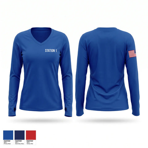 Womens Long Sleeve Vneck Shirt, Station 1, Fire Department, Teamtime, Team time, sublimation, custom sports apparel, team uniforms, spirit wear, spiritwear, sports uniforms, custom shirts, team store, custom team store, fundraiser sports, apparel fundraiser
