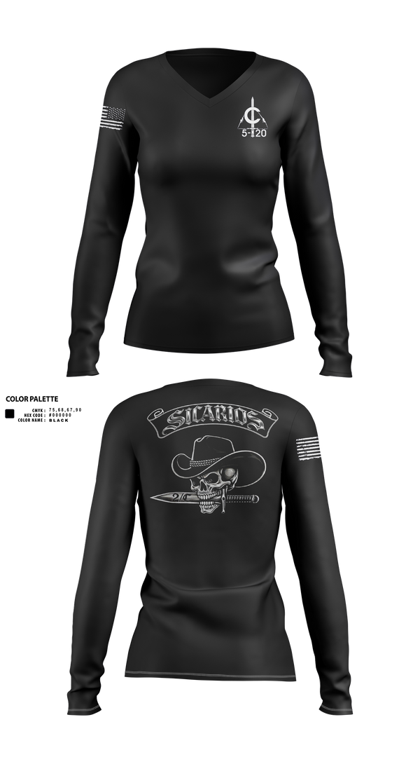 Womens Long Sleeve Vneck Shirt, 2/C Sicarios, Army, Teamtime, Team time, sublimation, custom sports apparel, team uniforms, spirit wear, spiritwear, sports uniforms, custom shirts, team store, custom team store, fundraiser sports, apparel fundraiser