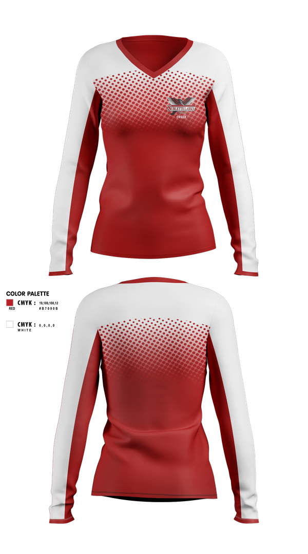 Womens Long Sleeve Vneck Shirt, Sublette Middle School Cheer, Cheer, Teamtime, Team time, sublimation, custom sports apparel, team uniforms, spirit wear, spiritwear, sports uniforms, custom shirts, team store, custom team store, fundraiser sports, apparel fundraiser