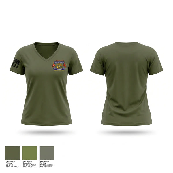 Womens Short Sleeve Vneck Shirt, Liberty Christian Academy CJROTC, Marines, Teamtime, Team time, sublimation, custom sports apparel, team uniforms, spirit wear, spiritwear, sports uniforms, custom shirts, team store, custom team store, fundraiser sports, apparel fundraiser