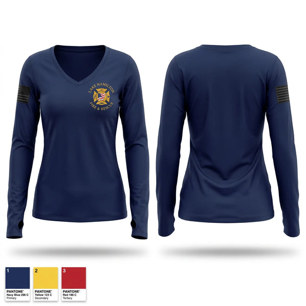 Womens Long Sleeve Vneck Shirt, Lake Hamilton Fire Rescue, Fire Department, Teamtime, Team time, sublimation, custom sports apparel, team uniforms, spirit wear, spiritwear, sports uniforms, custom shirts, team store, custom team store, fundraiser sports, apparel fundraiser