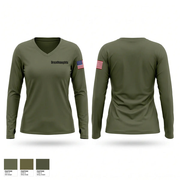 Womens Long Sleeve Vneck Shirt, Dreadnaughts, Army, Teamtime, Team time, sublimation, custom sports apparel, team uniforms, spirit wear, spiritwear, sports uniforms, custom shirts, team store, custom team store, fundraiser sports, apparel fundraiser