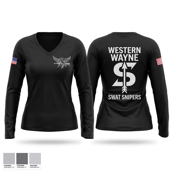 Womens Long Sleeve Vneck Shirt, Western Wayne SWAT Snipers, Police, Teamtime, Team time, sublimation, custom sports apparel, team uniforms, spirit wear, spiritwear, sports uniforms, custom shirts, team store, custom team store, fundraiser sports, apparel fundraiser