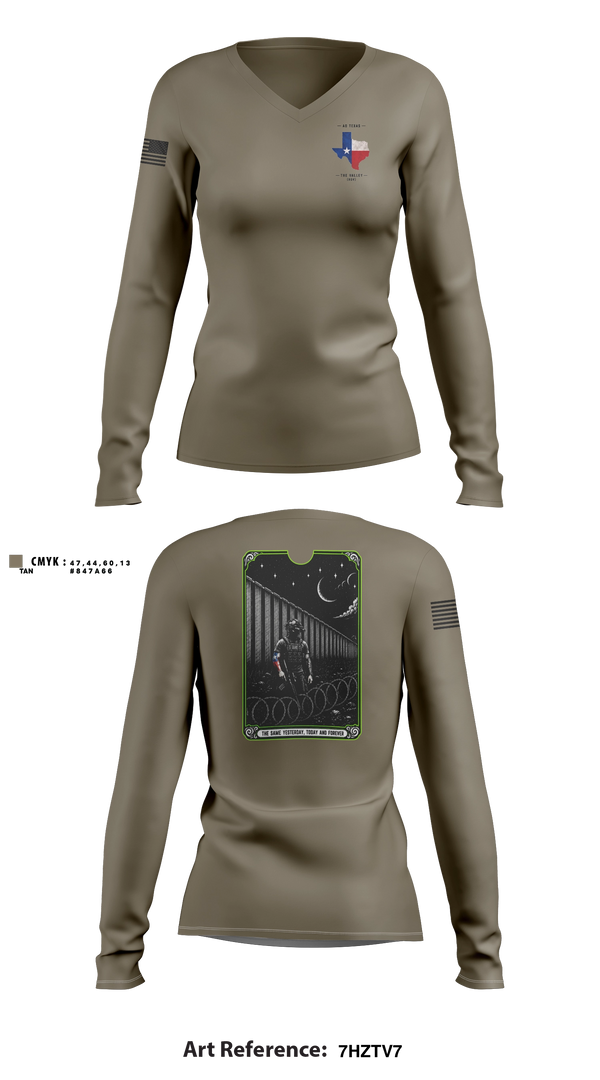 Womens Long Sleeve Vneck Shirt, Stallions, Army, Teamtime, Team time, sublimation, custom sports apparel, team uniforms, spirit wear, spiritwear, sports uniforms, custom shirts, team store, custom team store, fundraiser sports, apparel fundraiser