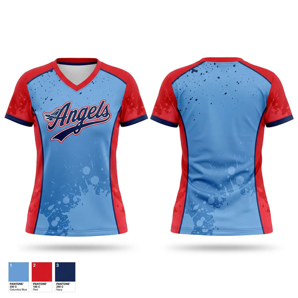 Womens Short Sleeve Vneck Shirt, Angels, Softball, Teamtime, Team time, sublimation, custom sports apparel, team uniforms, spirit wear, spiritwear, sports uniforms, custom shirts, team store, custom team store, fundraiser sports, apparel fundraiser