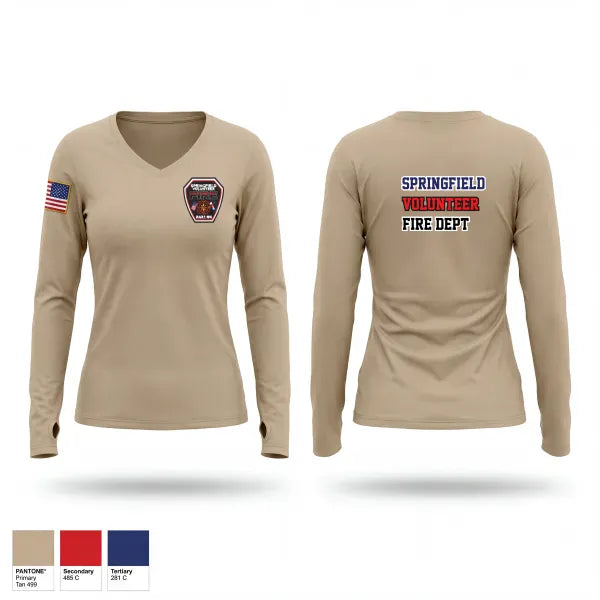 Womens Long Sleeve Vneck Shirt, Springfield Volunteer Fire Dept., Fire Department, Teamtime, Team time, sublimation, custom sports apparel, team uniforms, spirit wear, spiritwear, sports uniforms, custom shirts, team store, custom team store, fundraiser sports, apparel fundraiser