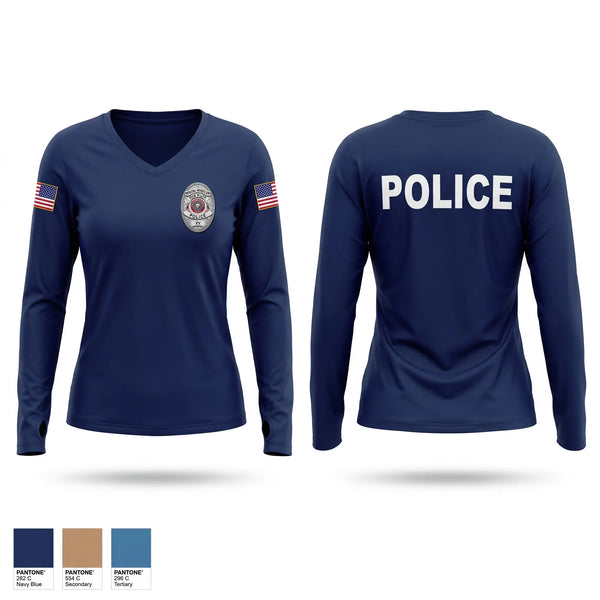 Womens Long Sleeve Vneck Shirt, Palm Valley Police Department, Police, Teamtime, Team time, sublimation, custom sports apparel, team uniforms, spirit wear, spiritwear, sports uniforms, custom shirts, team store, custom team store, fundraiser sports, apparel fundraiser