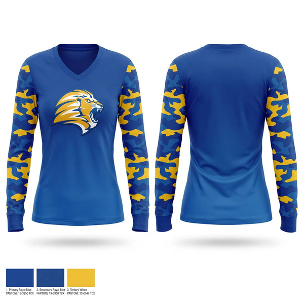 Womens Long Sleeve Vneck Shirt, Lions, Baseball, Teamtime, Team time, sublimation, custom sports apparel, team uniforms, spirit wear, spiritwear, sports uniforms, custom shirts, team store, custom team store, fundraiser sports, apparel fundraiser