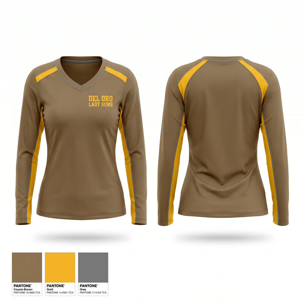 Womens Long Sleeve Vneck Shirt, Del Oro Lady Suns, Softball, Teamtime, Team time, sublimation, custom sports apparel, team uniforms, spirit wear, spiritwear, sports uniforms, custom shirts, team store, custom team store, fundraiser sports, apparel fundraiser