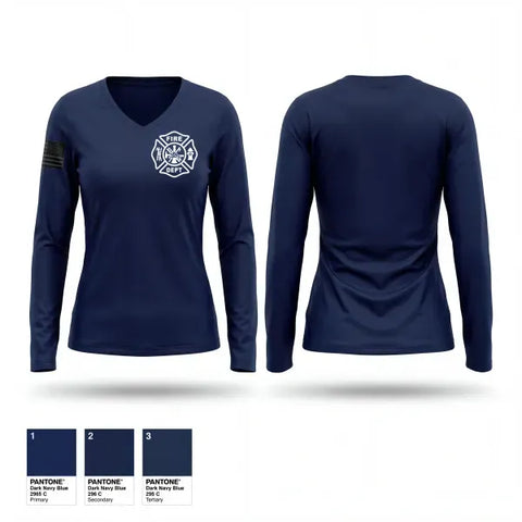 Womens Long Sleeve Vneck Shirt, Elko New Market FD, Fire Department, Teamtime, Team time, sublimation, custom sports apparel, team uniforms, spirit wear, spiritwear, sports uniforms, custom shirts, team store, custom team store, fundraiser sports, apparel fundraiser