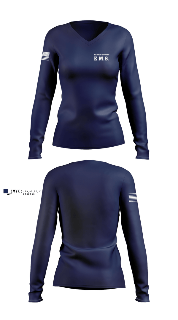 Womens Long Sleeve Vneck Shirt, Benton County E.M.S., EMS/EMT, Teamtime, Team time, sublimation, custom sports apparel, team uniforms, spirit wear, spiritwear, sports uniforms, custom shirts, team store, custom team store, fundraiser sports, apparel fundraiser