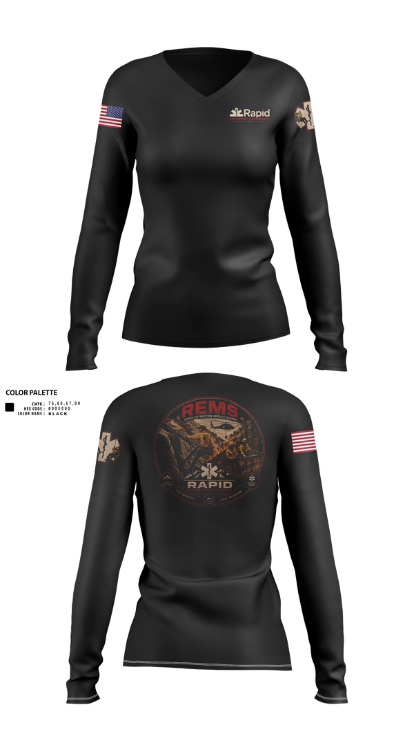 Womens Long Sleeve Vneck Shirt, Rapid Emergency Management, EMS/EMT, Teamtime, Team time, sublimation, custom sports apparel, team uniforms, spirit wear, spiritwear, sports uniforms, custom shirts, team store, custom team store, fundraiser sports, apparel fundraiser