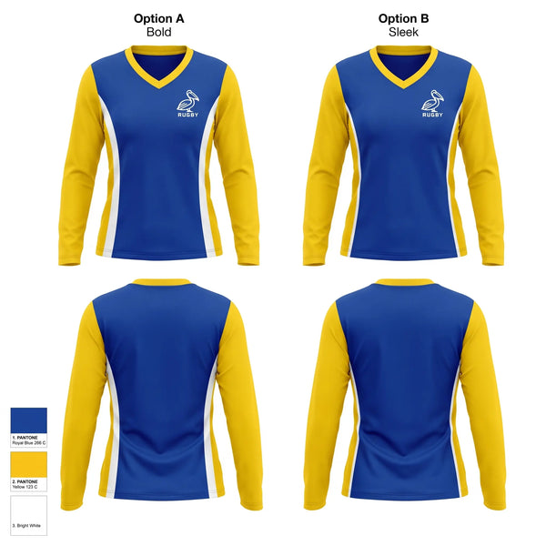 Womens Long Sleeve Vneck Shirt, St Pete Pelicans, Rugby, Teamtime, Team time, sublimation, custom sports apparel, team uniforms, spirit wear, spiritwear, sports uniforms, custom shirts, team store, custom team store, fundraiser sports, apparel fundraiser
