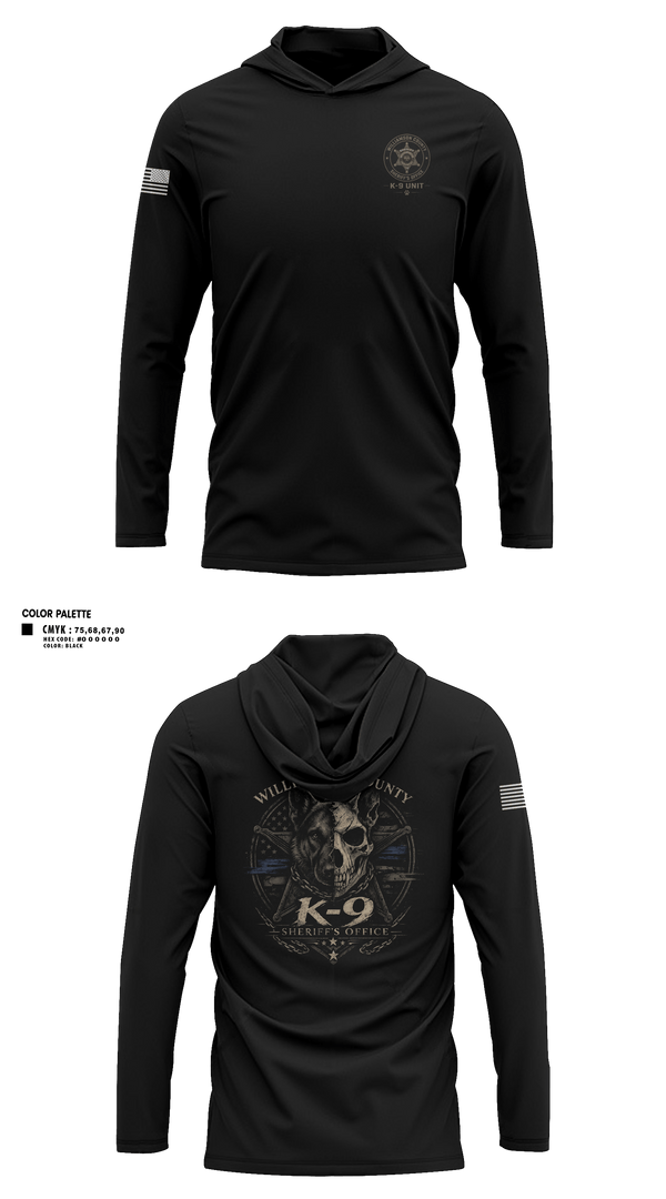 Long Sleeve Performance Shirt with hood, Williamson County K-9 Unit, Police, Teamtime, Team time, sublimation, custom sports apparel, team uniforms, spirit wear, spiritwear, sports uniforms, custom shirts, team store, custom team store, fundraiser sports, apparel fundraiser