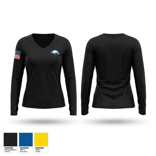 Womens Long Sleeve Vneck Shirt, Ruskin Highschool MCJROTC, Marines, Teamtime, Team time, sublimation, custom sports apparel, team uniforms, spirit wear, spiritwear, sports uniforms, custom shirts, team store, custom team store, fundraiser sports, apparel fundraiser