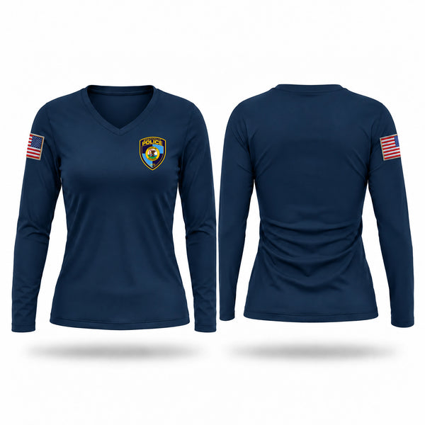Womens Long Sleeve Vneck Shirt, Monticello Police Department, Police, Teamtime, Team time, sublimation, custom sports apparel, team uniforms, spirit wear, spiritwear, sports uniforms, custom shirts, team store, custom team store, fundraiser sports, apparel fundraiser