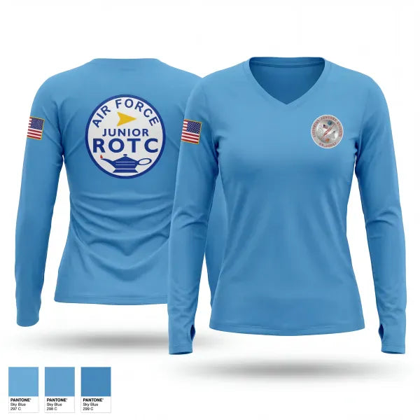 Womens Long Sleeve Vneck Shirt, Pinkerton Academy AFJROTC, Air Force, Teamtime, Team time, sublimation, custom sports apparel, team uniforms, spirit wear, spiritwear, sports uniforms, custom shirts, team store, custom team store, fundraiser sports, apparel fundraiser