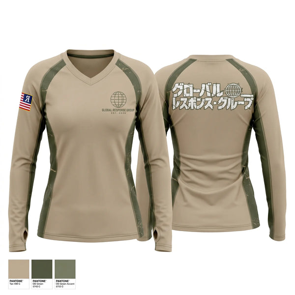 Womens Long Sleeve Vneck Shirt, Global Response Group, Army, Teamtime, Team time, sublimation, custom sports apparel, team uniforms, spirit wear, spiritwear, sports uniforms, custom shirts, team store, custom team store, fundraiser sports, apparel fundraiser