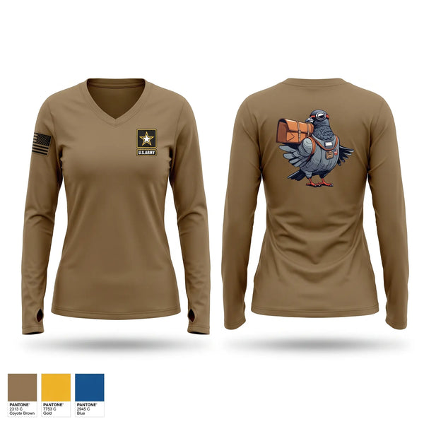 Womens Long Sleeve Vneck Shirt, Pigeon, Army, Teamtime, Team time, sublimation, custom sports apparel, team uniforms, spirit wear, spiritwear, sports uniforms, custom shirts, team store, custom team store, fundraiser sports, apparel fundraiser