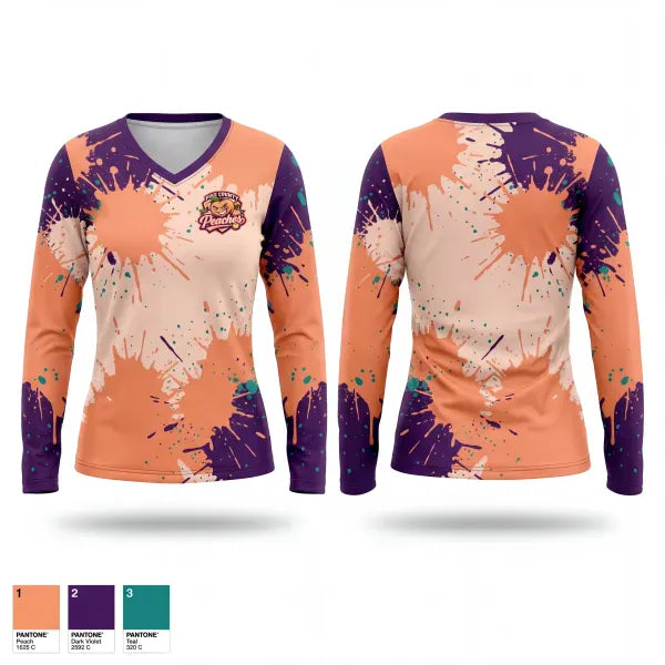 Womens Long Sleeve Vneck Shirt, Pike County Peaches, Softball, Teamtime, Team time, sublimation, custom sports apparel, team uniforms, spirit wear, spiritwear, sports uniforms, custom shirts, team store, custom team store, fundraiser sports, apparel fundraiser