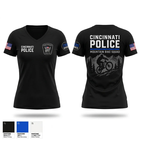 Womens Short Sleeve Vneck Shirt, Cincinnati Police Mountain Bike Squad, Police, Teamtime, Team time, sublimation, custom sports apparel, team uniforms, spirit wear, spiritwear, sports uniforms, custom shirts, team store, custom team store, fundraiser sports, apparel fundraiser