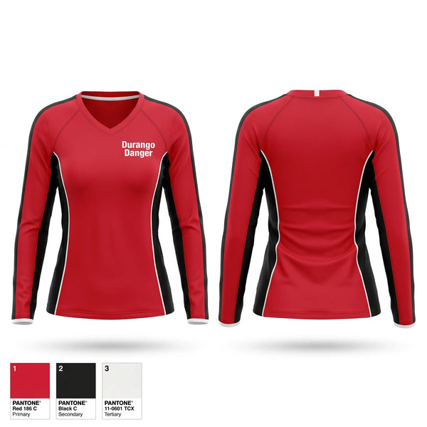 Womens Long Sleeve Vneck Shirt, Durango Danger, Softball, Teamtime, Team time, sublimation, custom sports apparel, team uniforms, spirit wear, spiritwear, sports uniforms, custom shirts, team store, custom team store, fundraiser sports, apparel fundraiser