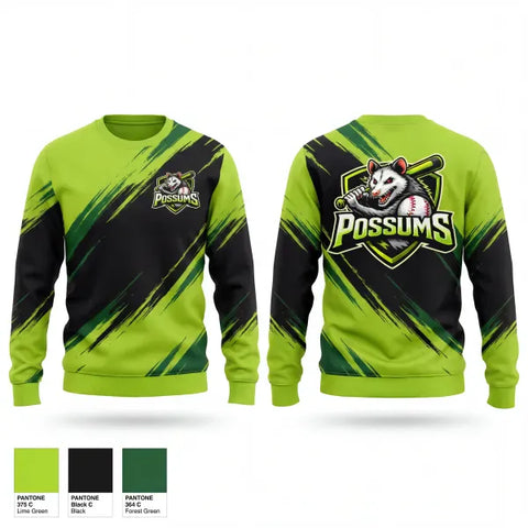 Crew Neck Sweatshirt, Possums, Baseball, Teamtime, Team time, sublimation, custom sports apparel, team uniforms, spirit wear, spiritwear, sports uniforms, custom shirts, team store, custom team store, fundraiser sports, apparel fundraiser