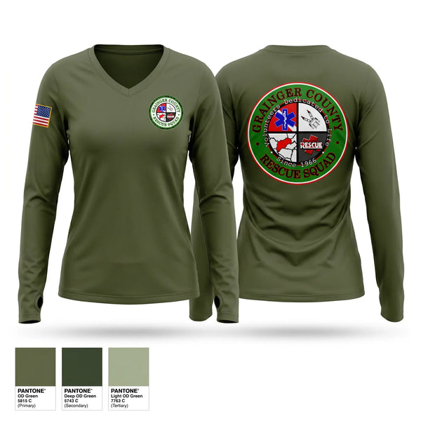 Womens Long Sleeve Vneck Shirt, Grainger County Rescue Squad, EMS/EMT, Teamtime, Team time, sublimation, custom sports apparel, team uniforms, spirit wear, spiritwear, sports uniforms, custom shirts, team store, custom team store, fundraiser sports, apparel fundraiser
