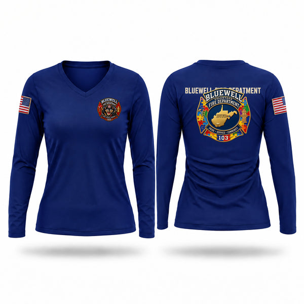 Womens Long Sleeve Vneck Shirt, Bluewell Volunteer Fire Department, Fire Department, Teamtime, Team time, sublimation, custom sports apparel, team uniforms, spirit wear, spiritwear, sports uniforms, custom shirts, team store, custom team store, fundraiser sports, apparel fundraiser