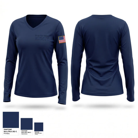 Womens Long Sleeve Vneck Shirt, Rialto High School NJROTC, Navy, Teamtime, Team time, sublimation, custom sports apparel, team uniforms, spirit wear, spiritwear, sports uniforms, custom shirts, team store, custom team store, fundraiser sports, apparel fundraiser