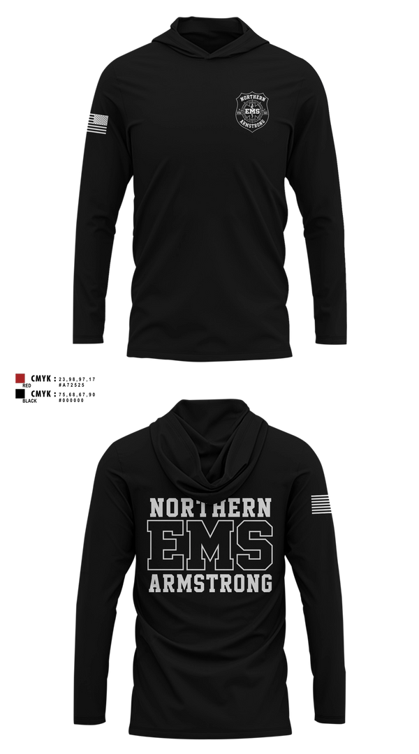 Long Sleeve hooded sunshirt, Northern Armstrong EMS, EMS/EMT, Teamtime, Team time, sublimation, custom sports apparel, team uniforms, spirit wear, spiritwear, sports uniforms, custom shirts, team store, custom team store, fundraiser sports, apparel fundraiser