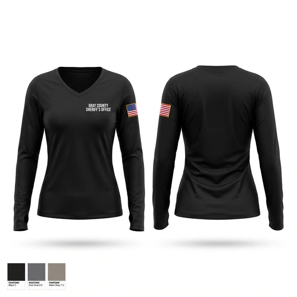 Womens Long Sleeve Vneck Shirt, Gray County Sheriff’s Office, Police, Teamtime, Team time, sublimation, custom sports apparel, team uniforms, spirit wear, spiritwear, sports uniforms, custom shirts, team store, custom team store, fundraiser sports, apparel fundraiser