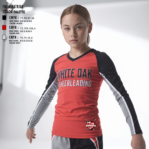 Womens Long Sleeve Vneck Shirt, White Oak Cheer, Cheer, Teamtime, Team time, sublimation, custom sports apparel, team uniforms, spirit wear, spiritwear, sports uniforms, custom shirts, team store, custom team store, fundraiser sports, apparel fundraiser