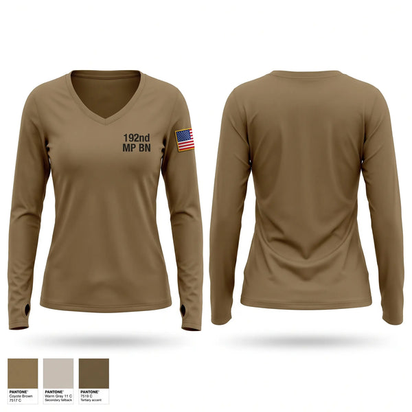 Womens Long Sleeve Vneck Shirt, 192nd MP BN, Army, Teamtime, Team time, sublimation, custom sports apparel, team uniforms, spirit wear, spiritwear, sports uniforms, custom shirts, team store, custom team store, fundraiser sports, apparel fundraiser