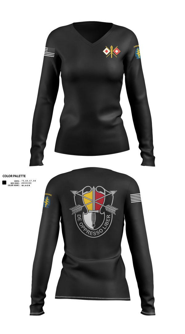 Womens Long Sleeve Vneck Shirt, HHC 3SFG, Army, Teamtime, Team time, sublimation, custom sports apparel, team uniforms, spirit wear, spiritwear, sports uniforms, custom shirts, team store, custom team store, fundraiser sports, apparel fundraiser