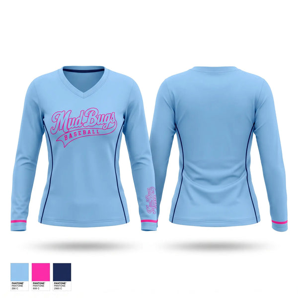 Womens Long Sleeve Vneck Shirt, Mud Bugs, Baseball, Teamtime, Team time, sublimation, custom sports apparel, team uniforms, spirit wear, spiritwear, sports uniforms, custom shirts, team store, custom team store, fundraiser sports, apparel fundraiser