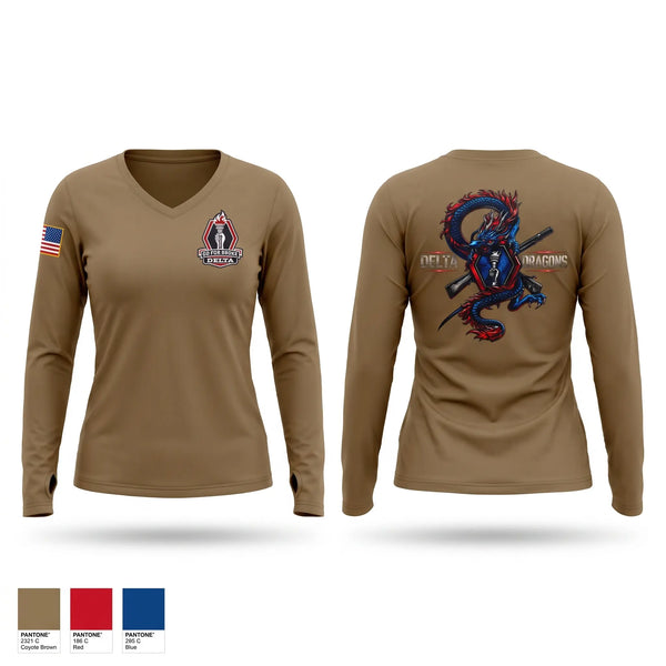 Womens Long Sleeve Vneck Shirt, Delta Company 100BN 442IN REGT, Army, Teamtime, Team time, sublimation, custom sports apparel, team uniforms, spirit wear, spiritwear, sports uniforms, custom shirts, team store, custom team store, fundraiser sports, apparel fundraiser