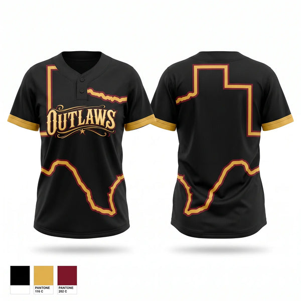 Two Button Softball Jersey, Outlaws, Softball, Teamtime, Team time, sublimation, custom sports apparel, team uniforms, spirit wear, spiritwear, sports uniforms, custom shirts, team store, custom team store, fundraiser sports, apparel fundraiser