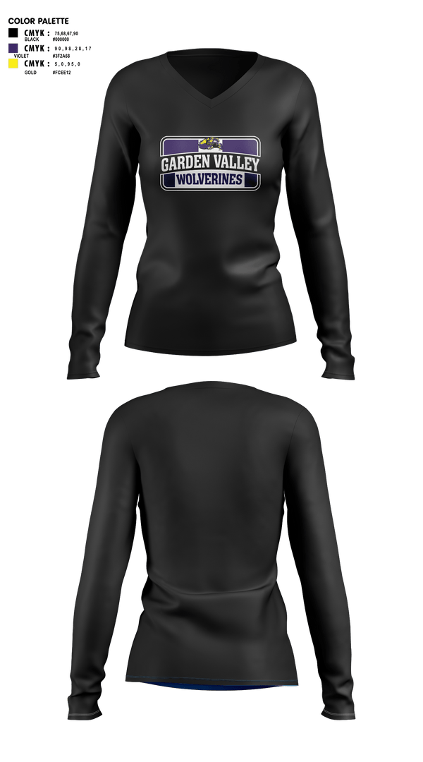 Womens Long Sleeve Vneck Shirt, Garden Valley Wolverines, Spirit Store, Teamtime, Team time, sublimation, custom sports apparel, team uniforms, spirit wear, spiritwear, sports uniforms, custom shirts, team store, custom team store, fundraiser sports, apparel fundraiser