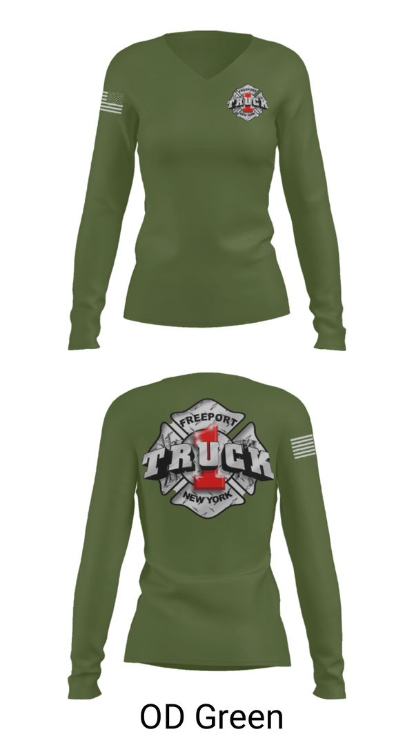 Women's Long Sleeve Vneck Shirt, Truck 1, Fire Department, Teamtime, Team time, sublimation, custom sports apparel, team uniforms, spirit wear, spiritwear, sports uniforms, custom shirts, team store, custom team store, fundraiser sports, apparel fundraiser