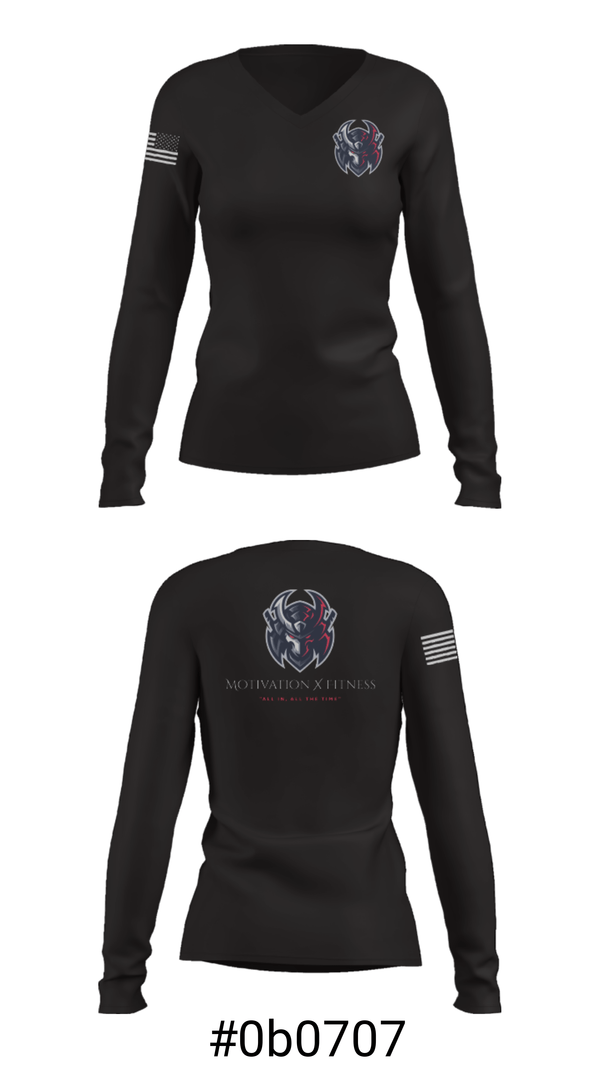 Women's Long Sleeve Vneck Shirt, Motivation X Fitness, LLC, , Teamtime, Team time, sublimation, custom sports apparel, team uniforms, spirit wear, spiritwear, sports uniforms, custom shirts, team store, custom team store, fundraiser sports, apparel fundraiser